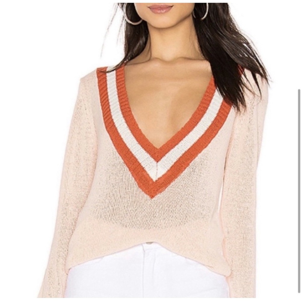 Revolve Superdown Bobbie V-Neck Sweater Size XS Peach Orange Varsity Stripe